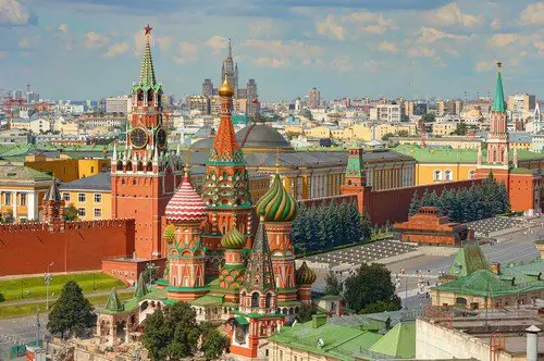 A View on Moscow Red Square, Kremlin towers, Clock Kuranti, Saint Basil`s Cathedral church, Lenin mausoleum.