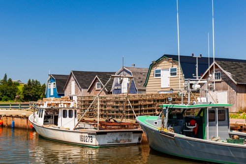 Fishing boats docked near lobster traps shown on July 15, 2013 in Cavendish, Prince Edward Island, Canada