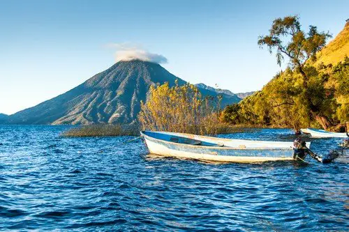 San Pedro Volcano on Lake Atitlan in Guatemalan highlands - guatemala travel guide