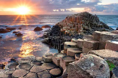 Sunset at Giants Causeway in North Antrim, Northern Ireland