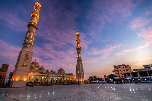 The Hurghada, Egypt, New snow-white mosque Al Mina on the Red Sea