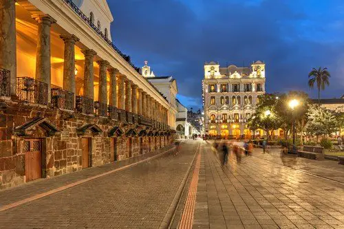 Night scene of Plaza Grande (Plaza de la Independencia) in Quito, Ecuador featuring Carondelet Palace (Palacio de Carondelet), the seat of Ecuador government.