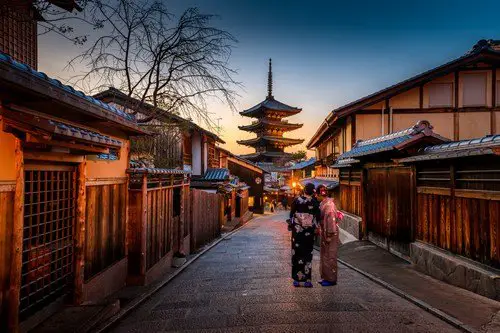 Kyoto, Japan street view with two women in traditional clothing ultimate japan travel guide