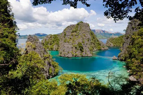 Landscape scenery of rock formations and a lagoon at Palawan, Philippines