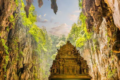 The Batu caves and the Hindu temple within in Malaysia.