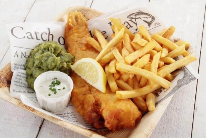 Traditional British battered fish and chips.