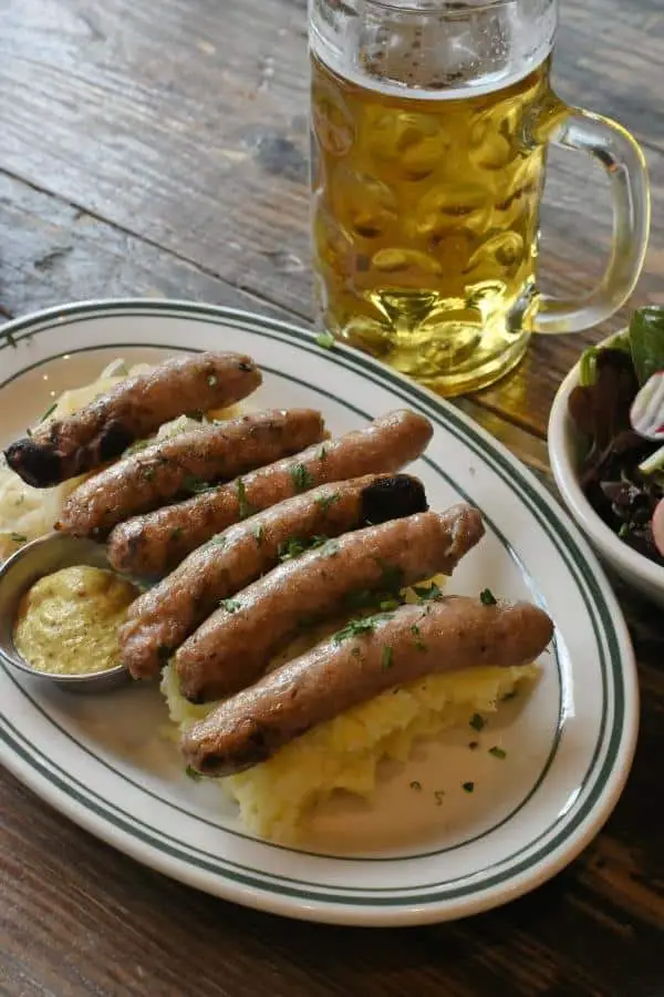 German Sausages, mashed potatoes and beer