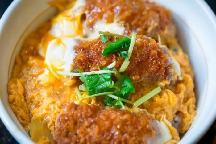 Japanese dish of deep fried chicken with egg.