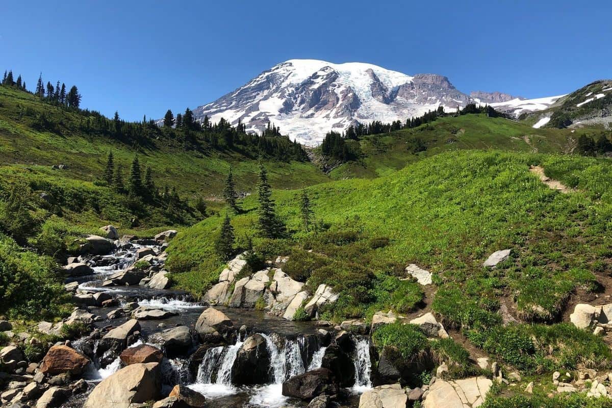 Mount Rainier with brook flowing over rocks in foreground - Boondockers Choices