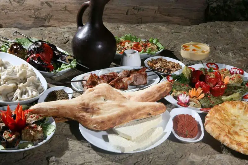 Several plates of Traditional Georgian Foods