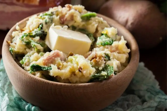 Colcannon, traditional Irish dish with mashed potatoes, bacon and cabbage.