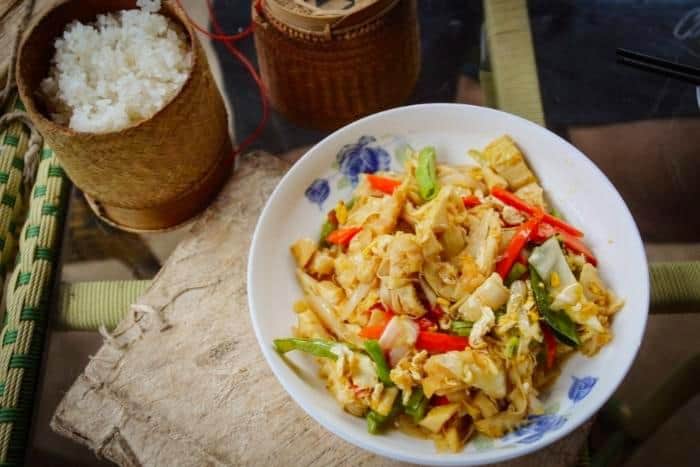 One of the Most Common Traditional Lao Food Made from Stir-fried Bamboo Shoots with Chicken. - Food From Laos