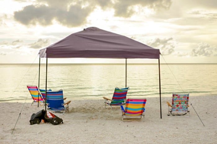 Pop up canopy tent provides shade at the beach