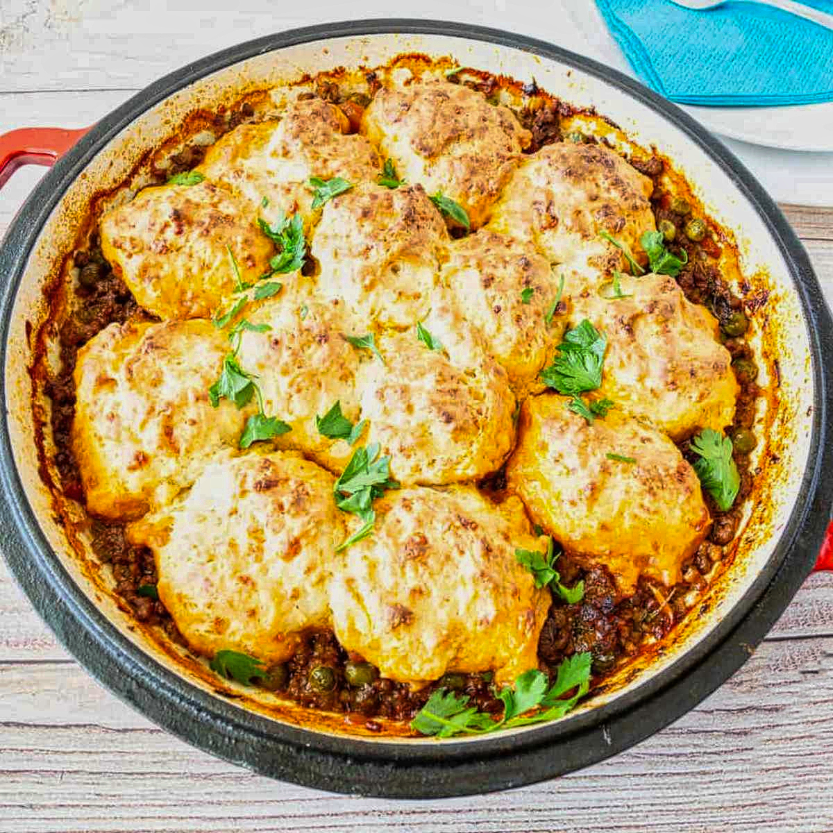 13. Ground Beef Casserole with Cheddar Cheese Biscuits