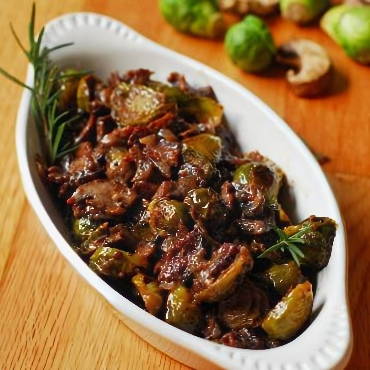 22. Brussels Sprouts and Mushrooms in Rosemary Red Wine Cream Sauce