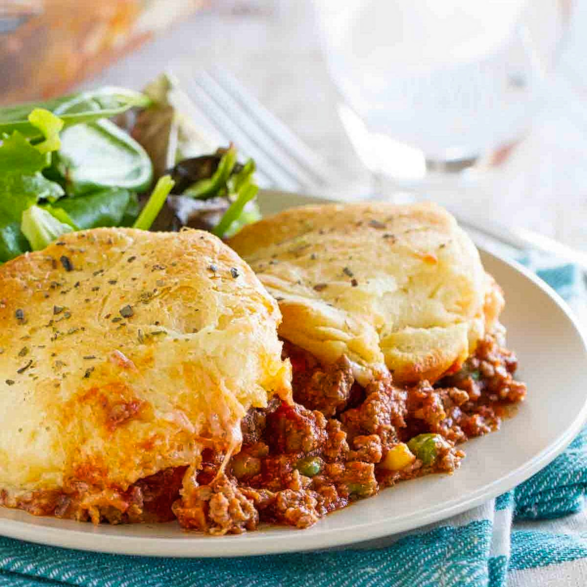 7. Italian Ground Beef Casserole with Biscuit Topping