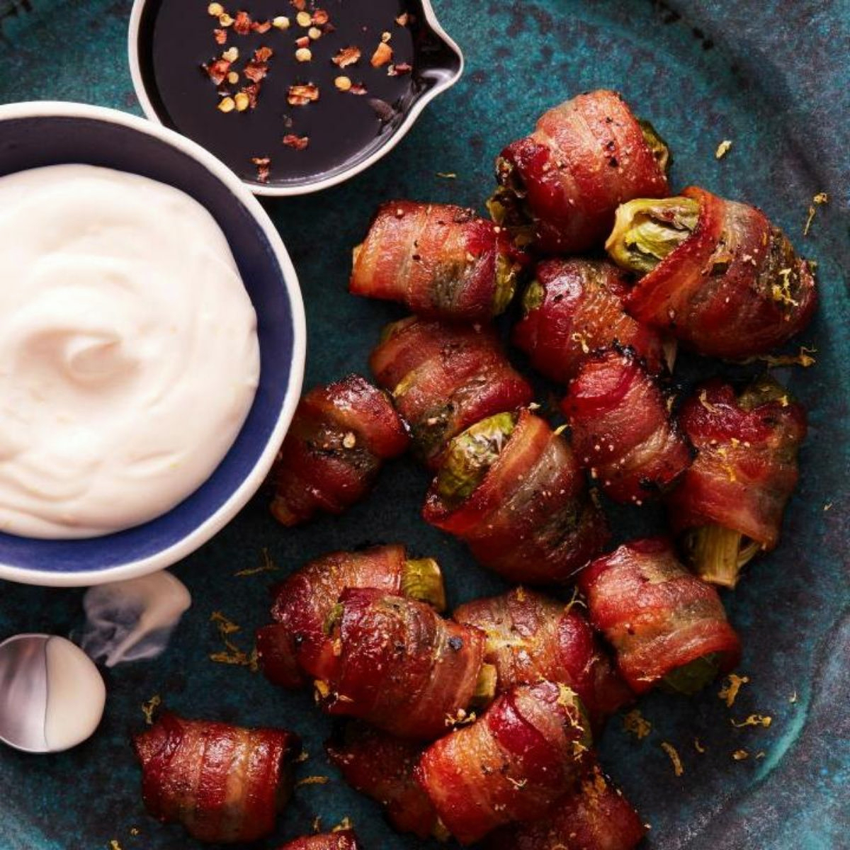 9. Bacon-Wrapped Brussels Sprouts with Creamy Lemon Dip.1 - easy brussel sprouts recipes