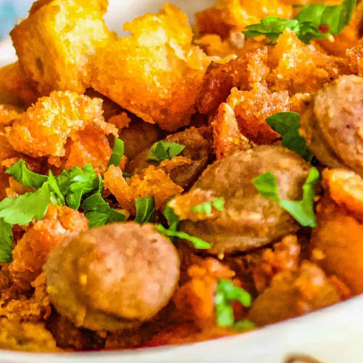 Spanish Migas With Chorizo-Garlic Pan Fried Bread & Chorizo Sausage