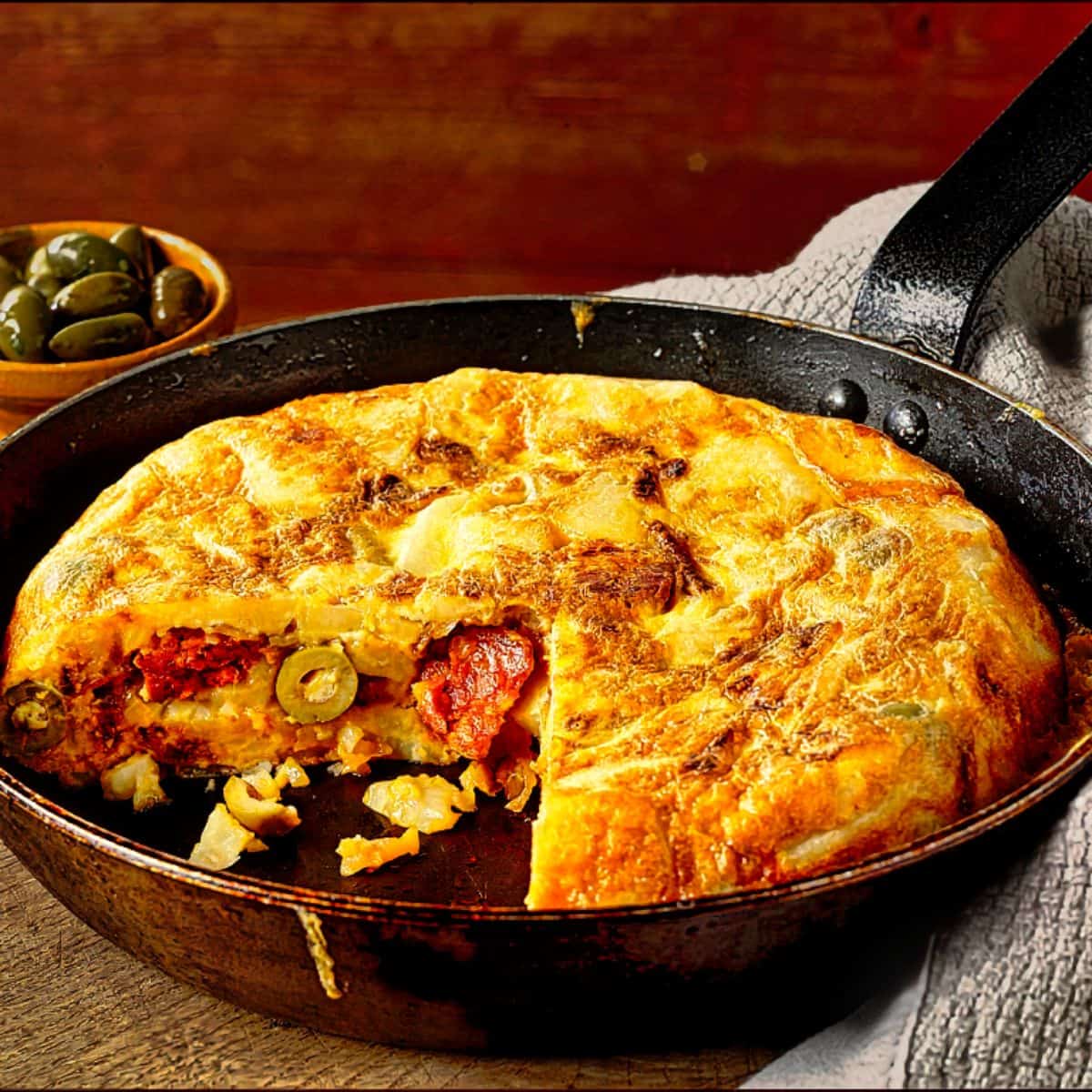 Spanish Tortilla with Olives and Chorizo
