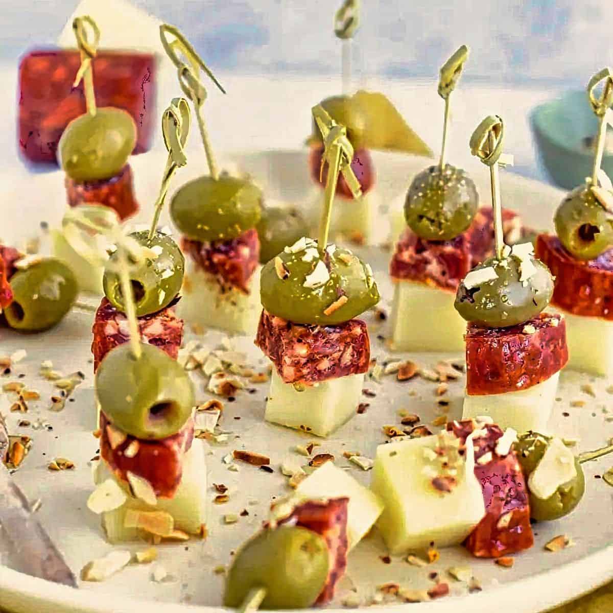 16. Chorizo, Manchego and Olive Skewers