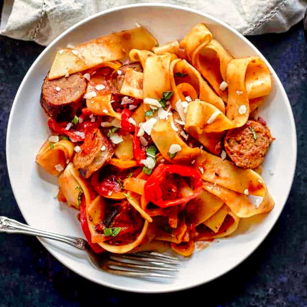 17. Tomato Pappardelle Pasta with Italian Sausage and Peppers