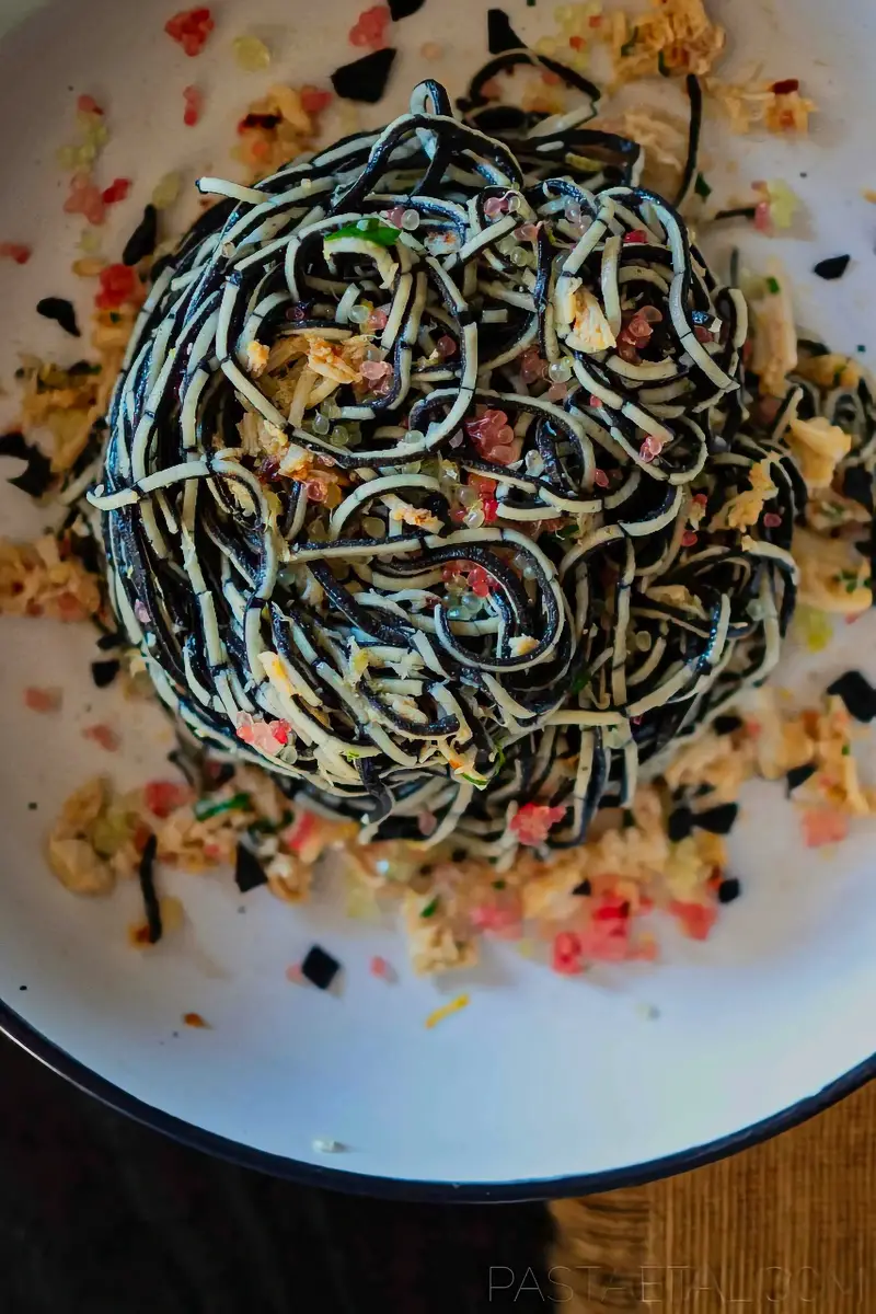 2. Saltbush and Squid Ink Tagliolini with Crab and Finger Lime Recipe