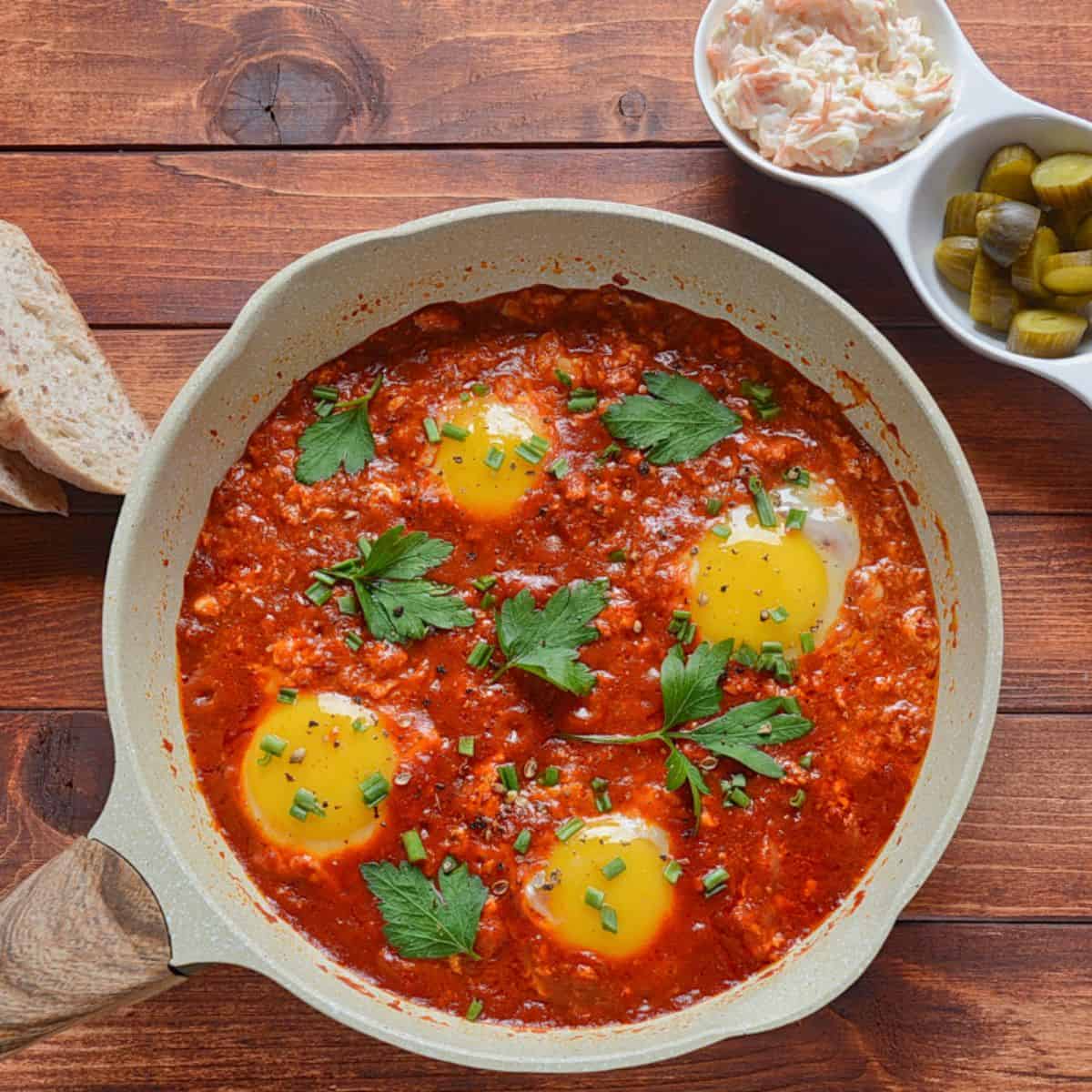 Baked Eggs in Spicy Chorizo Tomato sauce - Spanish recipes for chorizio