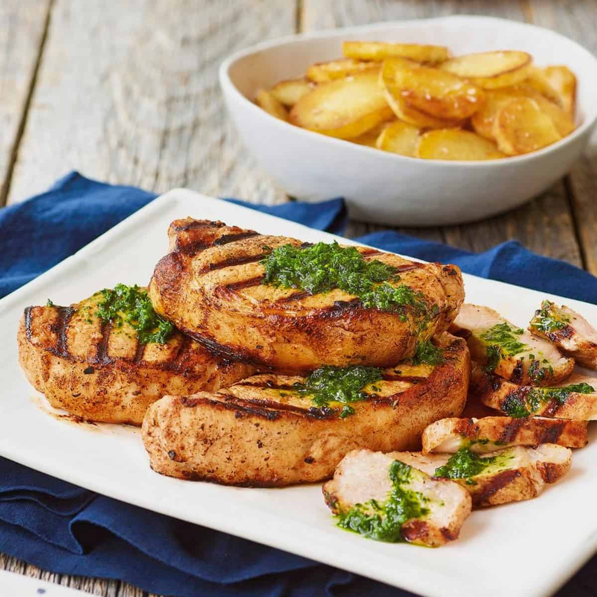 Spanish Marinated Pork Chops with Poor Man’s Potatoes & Mojo Verde