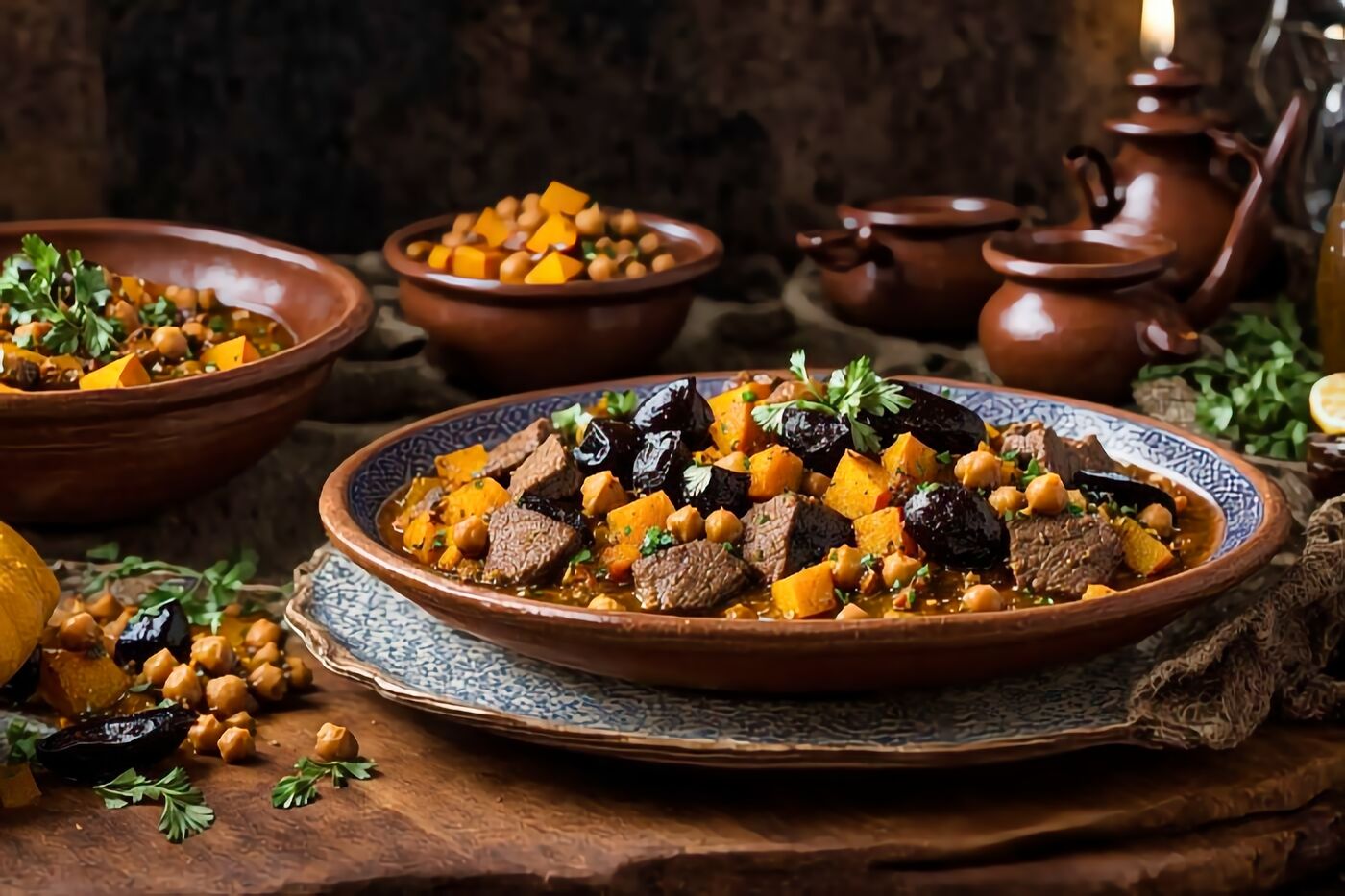 Beef Moroccan Tagine with Squash, Sticky Prunes, and Chickpeas